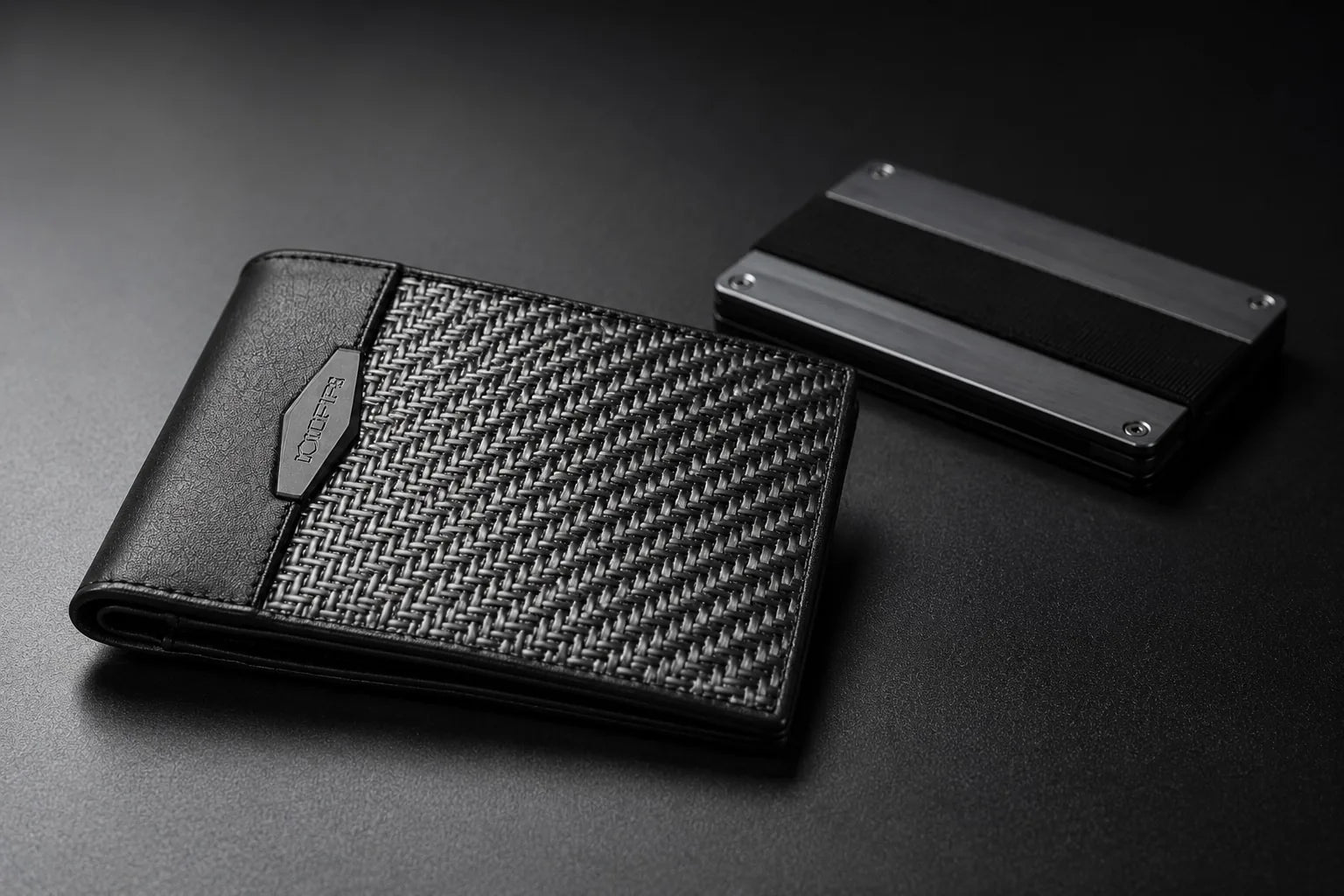 COLDFIRE flexible carbon fiber and leather bifold wallet next to a rigid metal card wallet