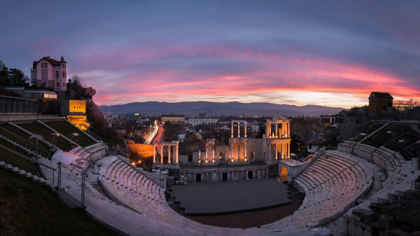 Ancient Roman Theatre of Plovdiv at sunset — where ColdFire wallets are handcrafted, Bulgaria