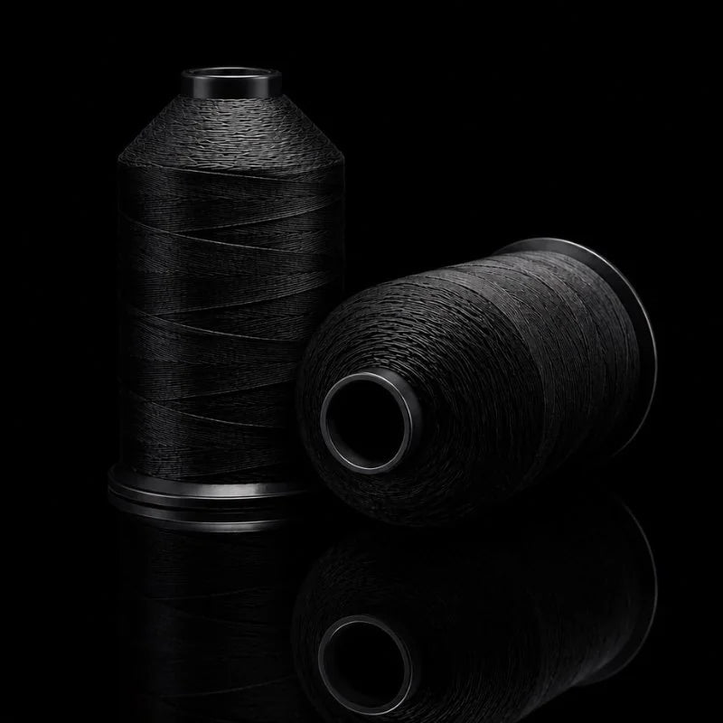 Amann Strongbond military-grade thread spools — bonded nylon stitching used in COLDFIRE wallet construction