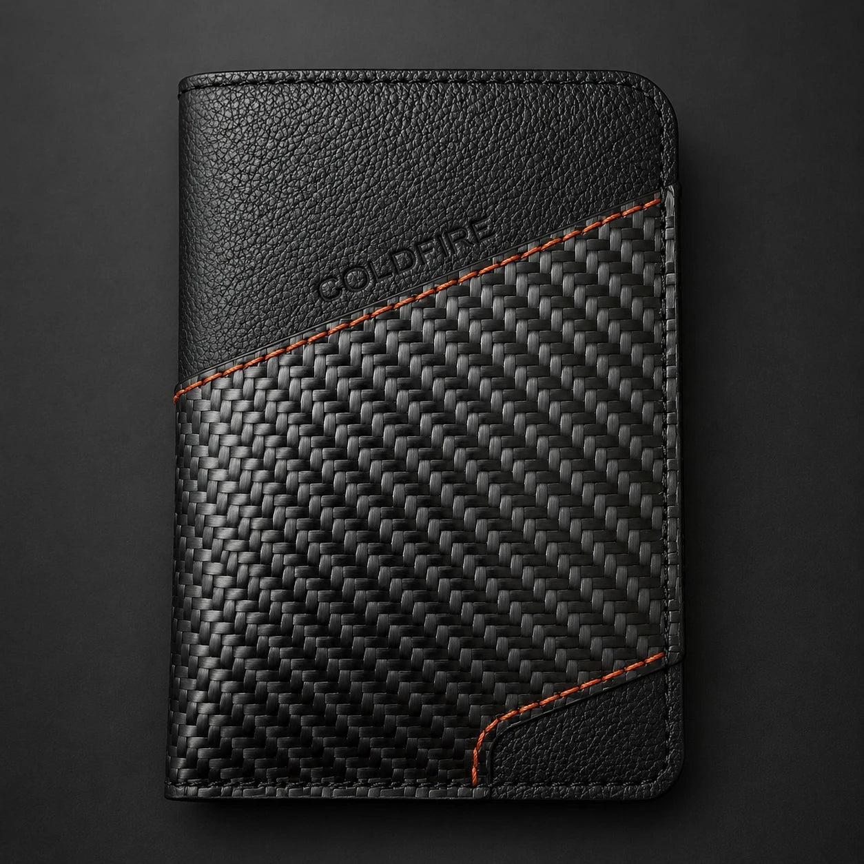 COLDFIRE Scout One slim sleeve wallet front view, woven carbon fiber and black pebbled leather with orange stitching
